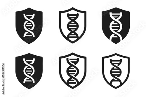 Cloning Lab Logos. The ethics of cloning and creating synthetic organisms. Set Logo of lab oversight: shield with double helix. Icon set. harmonious logo