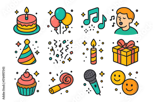 Isometric Birthday Icons. Birthday party scene. Colorful isometric vector icons set of birthday party scene: cake, balloons, music notes, singing person, party