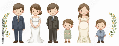 인생의 소중한 순간들을 포착한 이 귀여운 벡터 일러스트는 결혼을 통해 새로운 여정을 시작하는 신혼부부의 설렘과, 사랑스러운 아이들과 함께 점차 성장하며 행복을 만들어가는 따뜻한 가족의 모습을 아름답게 담아냈습니다.