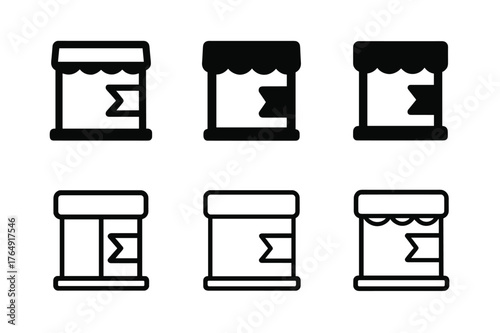 New Arrivals Logo Grid. New arrivals display. Set Logo of New arrivals display: storefront window with corner ribbon badge. Icon set. harmonious logo