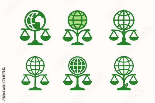 Carbon Neutrality Logos. Green economy. Set Logo of carbon neutrality: globe and balanced scale. Icon set. harmonious logo variations of the same emblematic