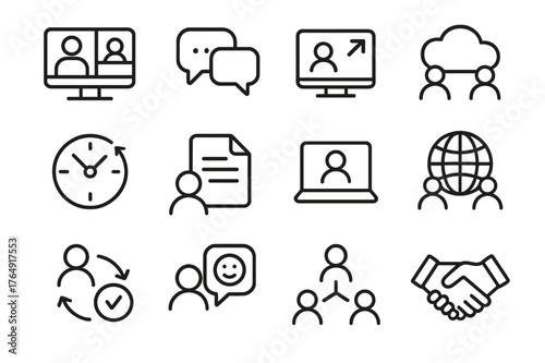 Remote Teamwork Icons. Remote Teamwork. Line icon set of Remote Teamwork: video conference, online chat, shared screen, cloud collaboration, time zone clock,