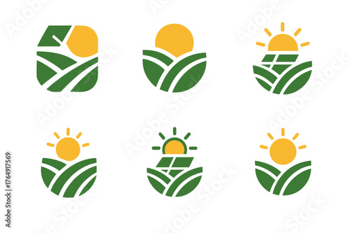Solar Farm Logos. Agricultural innovation and food security. Set Logo of solar-powered farm: harmonious logo variations of the same emblematic concept, each
