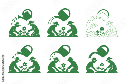 Gardening Logo Variations. Gardeners planting flowers and shrubs. Set Logo of Gardeners planting flowers and shrubs: watering can creating arc over flowerbed.