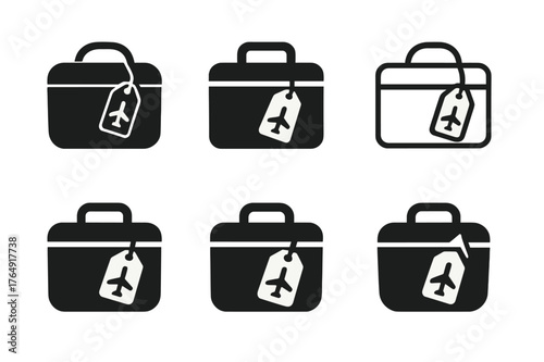 Travel Vanity Logos. cosmetic bag. Set Logo of cosmetic bag: travel vanity case with airplane tag. Icon set. harmonious logo variations of the same emblematic