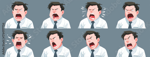 현대 사회의 복잡한 감정적 압박 속에서 직장인이 경험하는 극심한 스트레스, 분노, 좌절감을 격렬한 표정과 함께 크게 소리치는 다양한 순간들로 생생하게 묘사한 고품질 벡터 일러스트레이션 컬렉션으로, 내면의 갈등과 고통을 시각적으로 표현합니다.