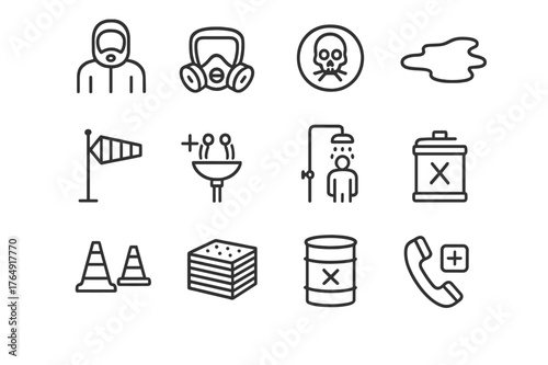 Chemical Spill Icons Set. Chemical Spill Response. Line icon set of Chemical Spill Response: hazmat suit, respirator mask, toxic symbol, spill puddle, wind