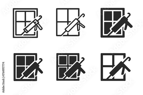 Caulking Logo Designs. Sealing windows to prevent drafts. Set Logo of caulking: caulking gun along window frame. Icon set. harmonious logo variations of the
