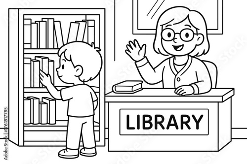 Library Adventure Coloring Page. Library visit children?s coloring book illustration, outlined drawing, a child choosing a book from a simple shelf while a