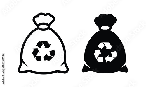 Minimalist garbage bag icons with recycling symbol, outline and solid black silhouette versions, clean monochrome vector design