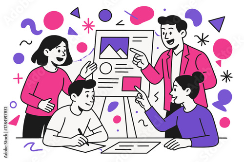 Creative Team Collaboration. Team Leaders Guiding Teams in Creative Projects. Team collaborating on a design board with leader giving directions, floating