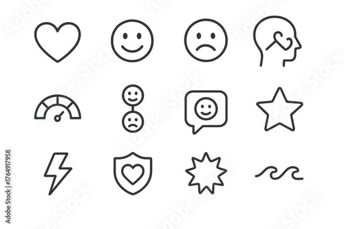 Emotion-Driven Icon Set. Emotion-Driven Design. Line icon set of Emotion-Driven Design: heart, smile, frown, empathy map, mood gauge, emotion scale, feedback