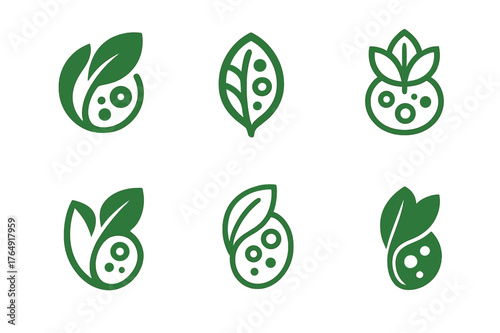 Ecological Fusion Logos. The ethics of cloning and creating synthetic organisms. Set Logo of ecological impact: cell and leaf fusion. Icon set. harmonious logo
