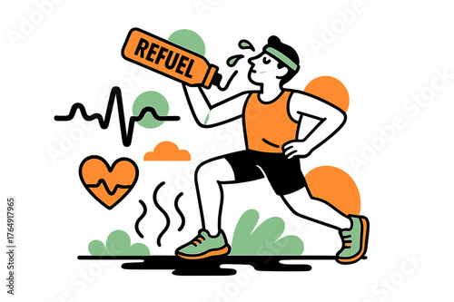 Post-Run Rehydration. Sports Bottle After Run. Steam rises from the pavement; a runner tips a cold bottle, droplets arc ?Refuel.? Heartbeat lines soften to a