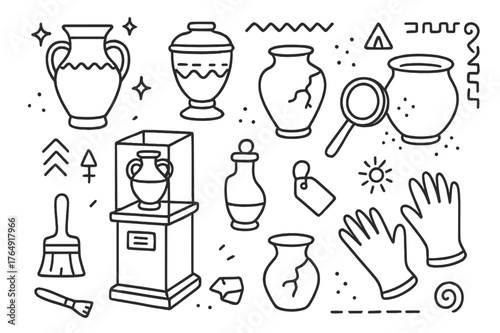 Antique Pottery Artifacts. Antique pottery. Hand-drawn doodle illustration antique pottery amphora, urn, cracked pot, museum pedestal, brush, ancient symbols,
