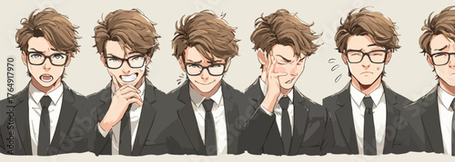 정장을 입고 안경을 쓴 남성이 분노, 당황, 슬픔, 평온 등 다양한 감정을 섬세하게 표현하는 일련의 표정 변화를 담은 매력적인 벡터 일러스트레이션입니다.