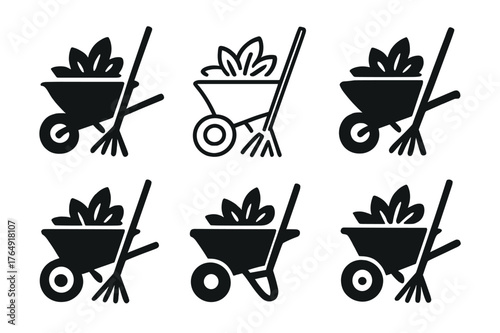 Harmonious Leaf Logos. Raking leaves. Set Logo of wheelbarrow of leaves: harmonious logo variations of the same emblematic concept, each with different