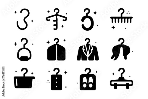 Closet Hook Icons. Closet organization hooks. Solid icons set of Closet organization hooks: S-hook, cascading hanger, belt hook, tie rack, purse hanger,