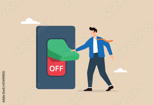 Flat illustration of businessman turning off giant switch to take break from work symbolizing digital detox burnout recovery and work-life balance
