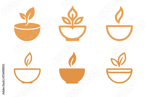 Healthy Aging Logos. Healthy aging nutrition. Set Logo of Healthy aging nutrition: warm bowl with leaf steam. harmonious logo variations of the same emblematic