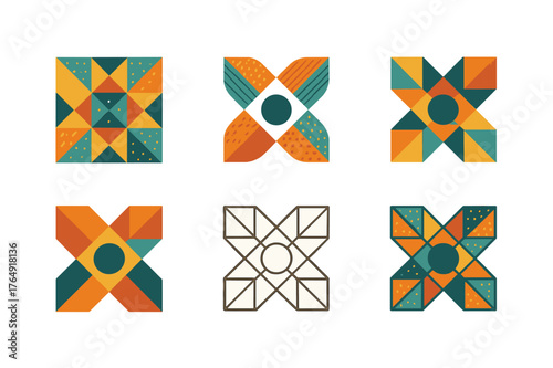 Patchwork Quilt Logos. handicraft markets. Set Logo of patchwork quilt: harmonious logo variations of the same emblematic concept, each with different artistic