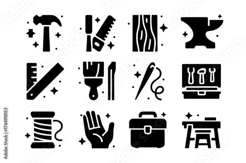 Craftsmanship Icon Set. Emphasis on Craftsmanship. Solid icons set of Emphasis on Craftsmanship: hammer, chisel, saw, anvil, ruler, paintbrush, wood plank,