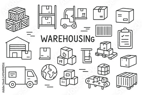 Warehouse Doodle Art. Warehousing. Hand-drawn doodle illustration Warehousing crates, shelves, forklift, warehouse, packages, barcode, clipboard, conveyor