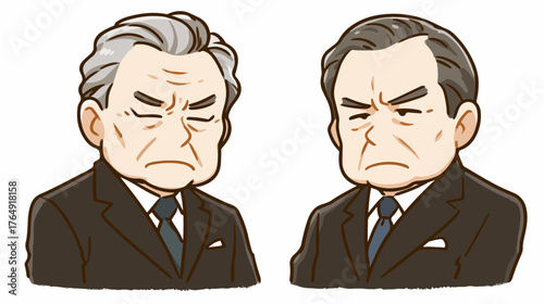 정장을 입은 두 중년 남성이 심각하고 불쾌한 표정으로 마주보고 있는 이 벡터 이미지는 비즈니스 갈등이나 정치적 논쟁의 긴장감을 생생하게 묘사합니다.