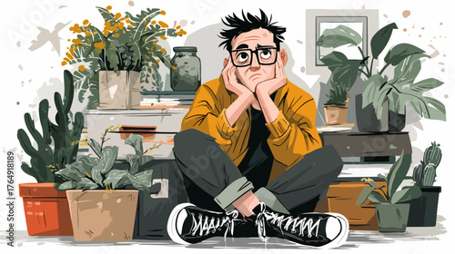 다채로운 실내 식물들로 둘러싸인 아늑한 공간에서 한 남자가 사색에 잠겨 앉아있는 모습을 담은 현대적인 감각의 벡터 아트워크입니다.