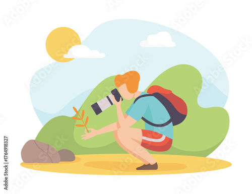 Man Take Photo at Nature Enjoy Outdoor Activity Vector Illustration