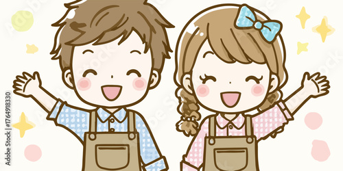 사랑스러운 앞치마를 입은 명랑한 남매가 환한 미소를 지으며 손을 흔드는 모습은 행복과 긍정적인 에너지를 가득 담아 보는 이에게 즐거움을 선사하는 벡터 일러스트입니다.