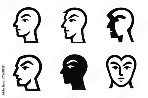 Non-Verbal Logos Grid. Non-verbal cues. Set Logo of Non-verbal cues: Raised eyebrow profile. harmonious logo variations of the same emblematic concept, each