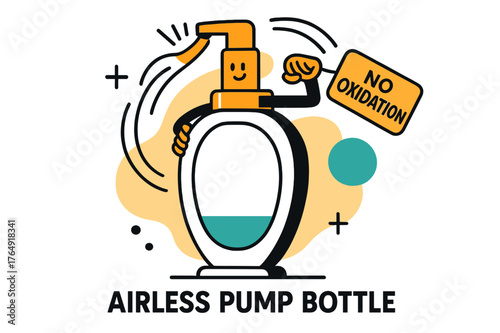 Airless Pump Design. Airless Pump Bottle. A minimalist oval bottle rises with a tidy pump click; a tag reads ?No Oxidation.? Motion lines swoop as product