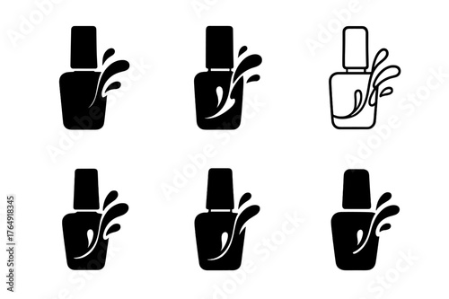 Nail Polish Logos. Salon brochure design. Set Logo of Salon brochure design: Nail polish bottle splash. harmonious logo variations of the same emblematic