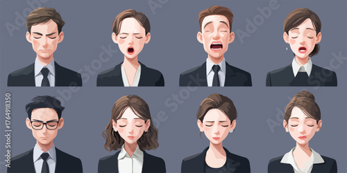 바쁜 현대 사회의 치열한 경쟁 속에서 과도한 업무와 정신적 스트레스에 지쳐 피로와 졸음을 호소하는 직장인들의 다양한 표정을 섬세하게 포착하여, 그들의 고단한 일상과 감정을 예술적으로 표현한 고품질 벡터 일러스트레이션 컬렉션입니다.