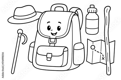 Pilgrimage Backpack Adventure. Pilgrimage backpack basics children?s coloring book illustration, outlined drawing, a cheerful backpack with a water bottle,