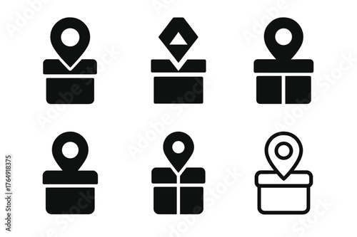 Geocaching Logo Variations. Geocaching. Set Logo of Geocaching: GPS pin on cache container. harmonious logo variations of the same emblematic concept, each