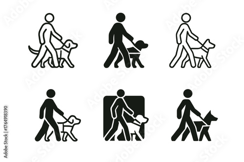 Guide Dog Logos. Guide dogs and service animals. Set Logo of Guide dogs and service animals: person walking with guide dog. harmonious logo variations of the