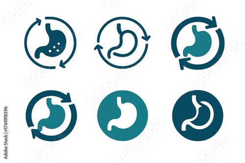 Metabolism Logos Grid. Food digestion in the body. Set Logo of metabolism: circular energy arrows around stomach. Icon set. harmonious logo variations of the