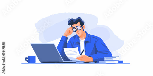 현대적인 사무실 환경에서 노트북과 서류를 앞에 두고 업무에 집중하며 창의적인 아이디어를 구상하거나 복잡한 문제를 해결하기 위해 깊이 생각하는 남자의 모습을 섬세하게 표현한 고품질의 평면 디자인 벡터 일러스트레이션입니다.