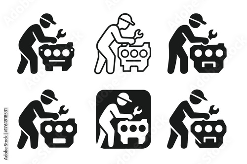 Engine Repair Logos. Car mechanics working on engines. Set Logo of engine repair: open engine block. Icon set. harmonious logo variations of the same