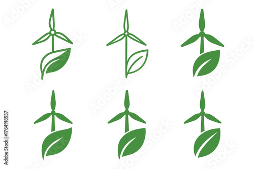 Renewable Energy Logos. Green economy. Set Logo of renewable energy: wind turbine and leaf. Icon set. harmonious logo variations of the same emblematic