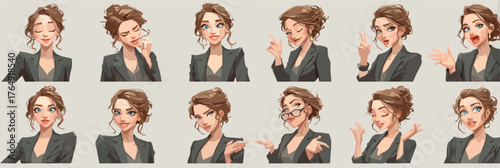 전문적인 비즈니스 우먼이 일상에서 경험하는 다채로운 감정과 상황별 제스처를 세련되게 표현한 고품질 벡터 일러스트레이션 컬렉션입니다.