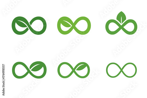 Zero-Waste Logo Variations. Green label design with eco vibes trend. Set Logo of zero-waste stamp: looped infinity leaf. Icon set. harmonious logo variations