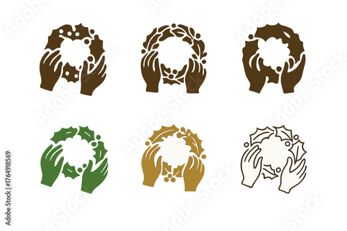 Creative Holiday Wreaths. Decorating the house together for the holidays. Set Logo of creativity: wreath being crafted by hand. Icon set. harmonious logo