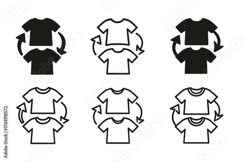 Ethical Fashion Logos. ethical fashion. Set Logo of ethical fashion: clothing swap loop with two T-shirts and arrows. Icon set. harmonious logo variations of