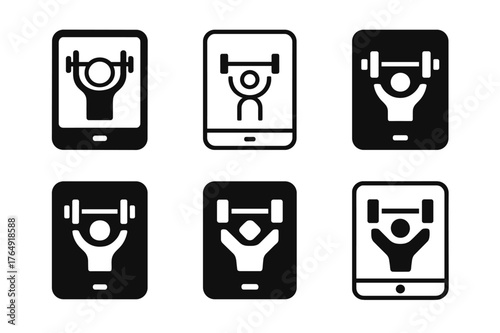 Smart Workout Logos. Compact home fitness setups. Set Logo of smart workout: tablet with fitness icon. Icon set. harmonious logo variations of the same
