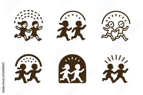 Playful Park Logos. Children playing in the park in June. Set Logo of Children playing in the park in June: running through a sprinkler arc. harmonious logo