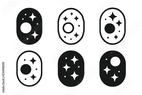 Intergalactic Logos Collection. Intergalactic travel. Set Logo of Intergalactic travel: intergalactic passport stamp with star cluster. Icon set. harmonious