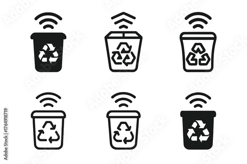 Urban Sustainability Icons. Urban sustainability. Set Logo of Urban sustainability: smart recycling bin with sensor waves. Icon set. harmonious logo variations